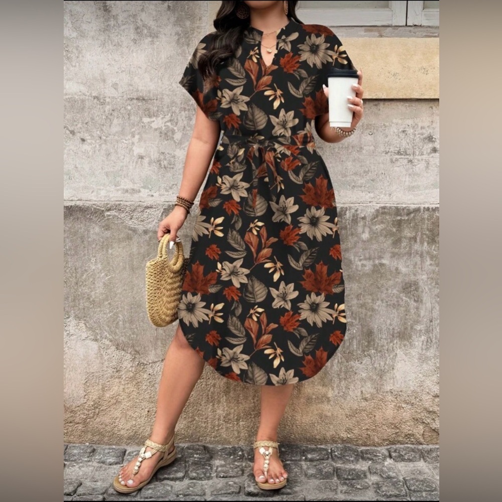 SHEIN Black Floral Midi Dress with Rust and Cream Accents